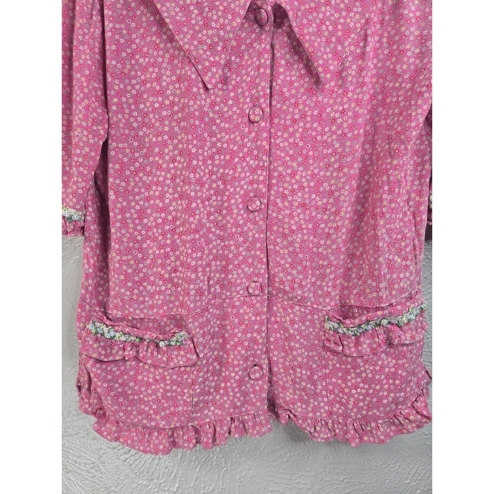 VTG Cottagecore Ditsy Floral Button Up Blouse Top L Pink Peterpan Collar Shirt - Picture 5 of 11